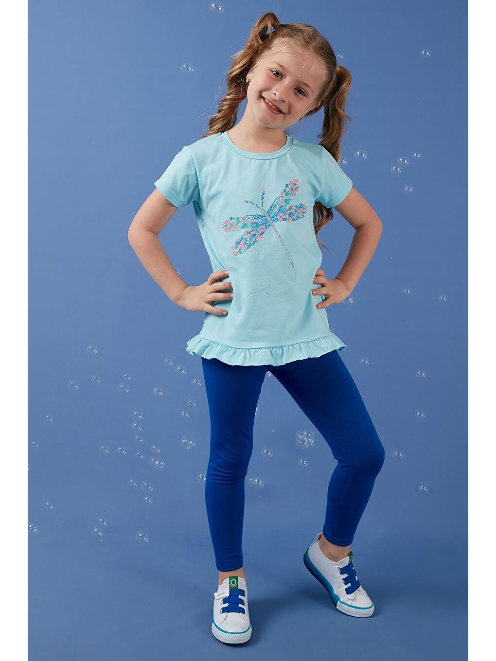 Mavi Pamuklu Baskılı Fırfırlı Bisiklet Yaka T Shirt 6211025-1