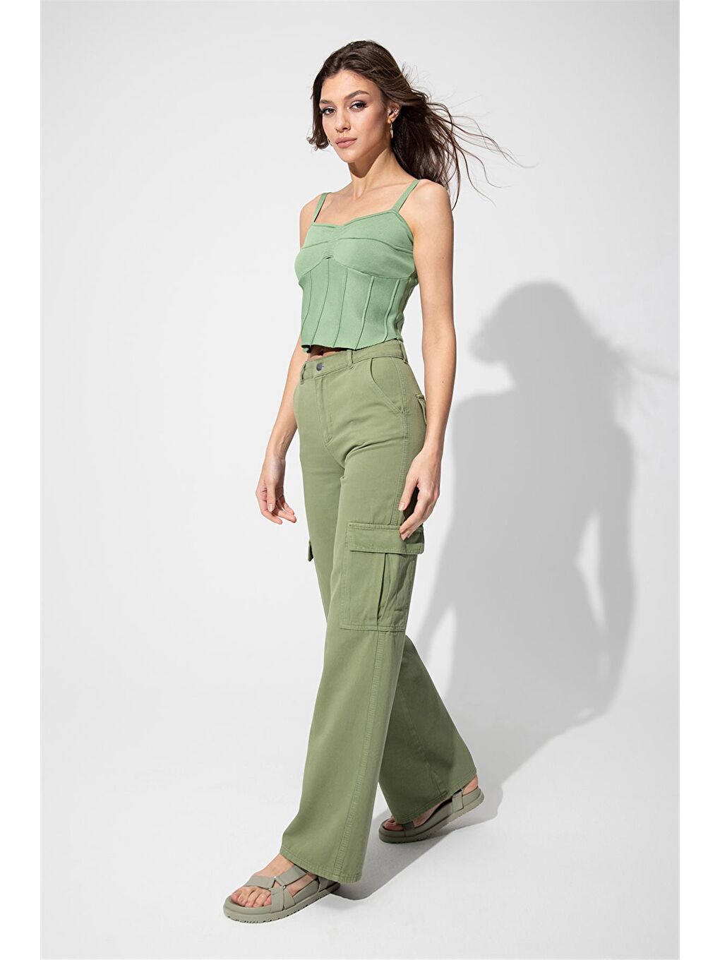 Yeşil Bol Paça Kargo Pantolon