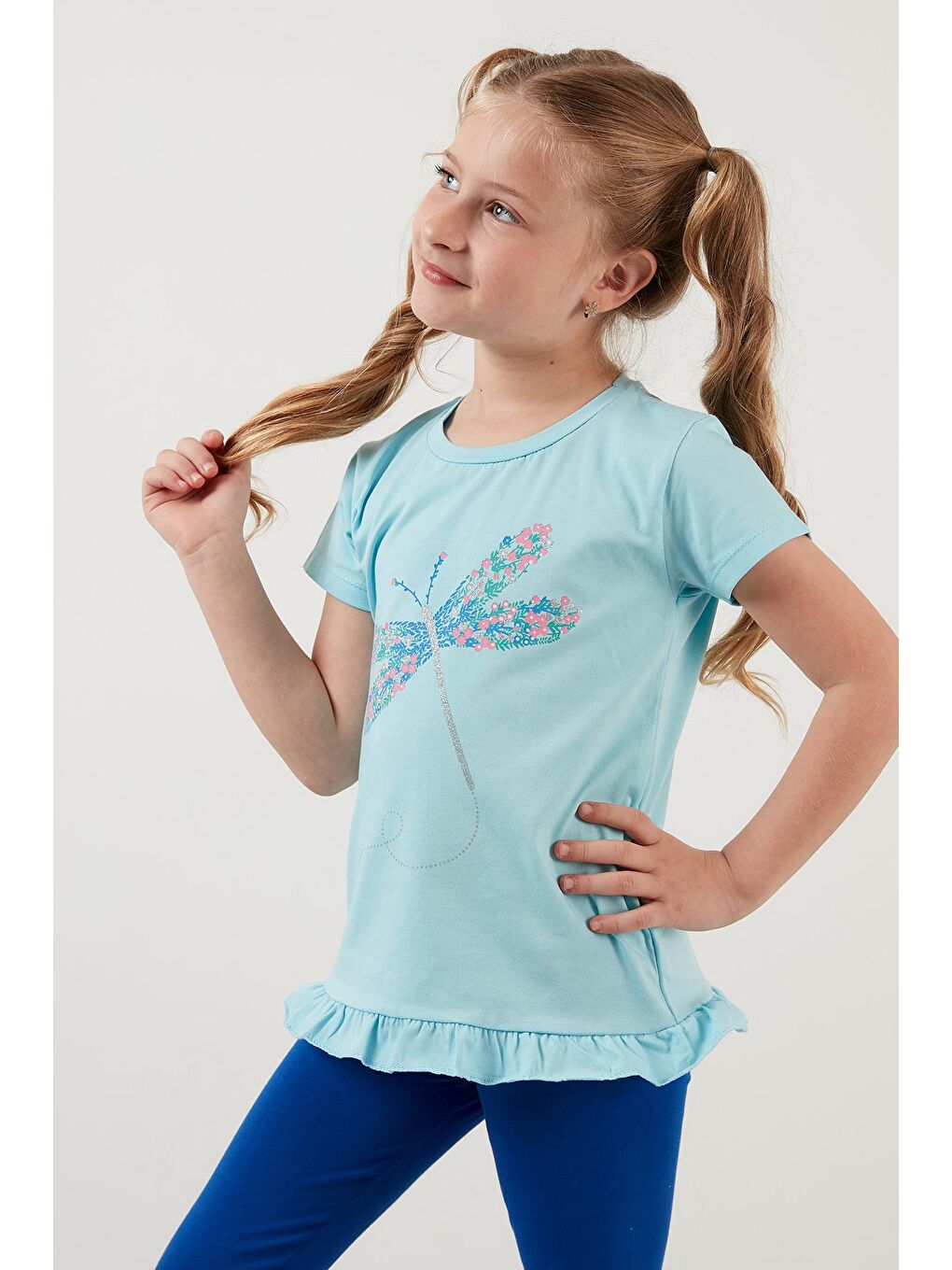 Mavi Pamuklu Baskılı Fırfırlı Bisiklet Yaka T Shirt 6211025-2