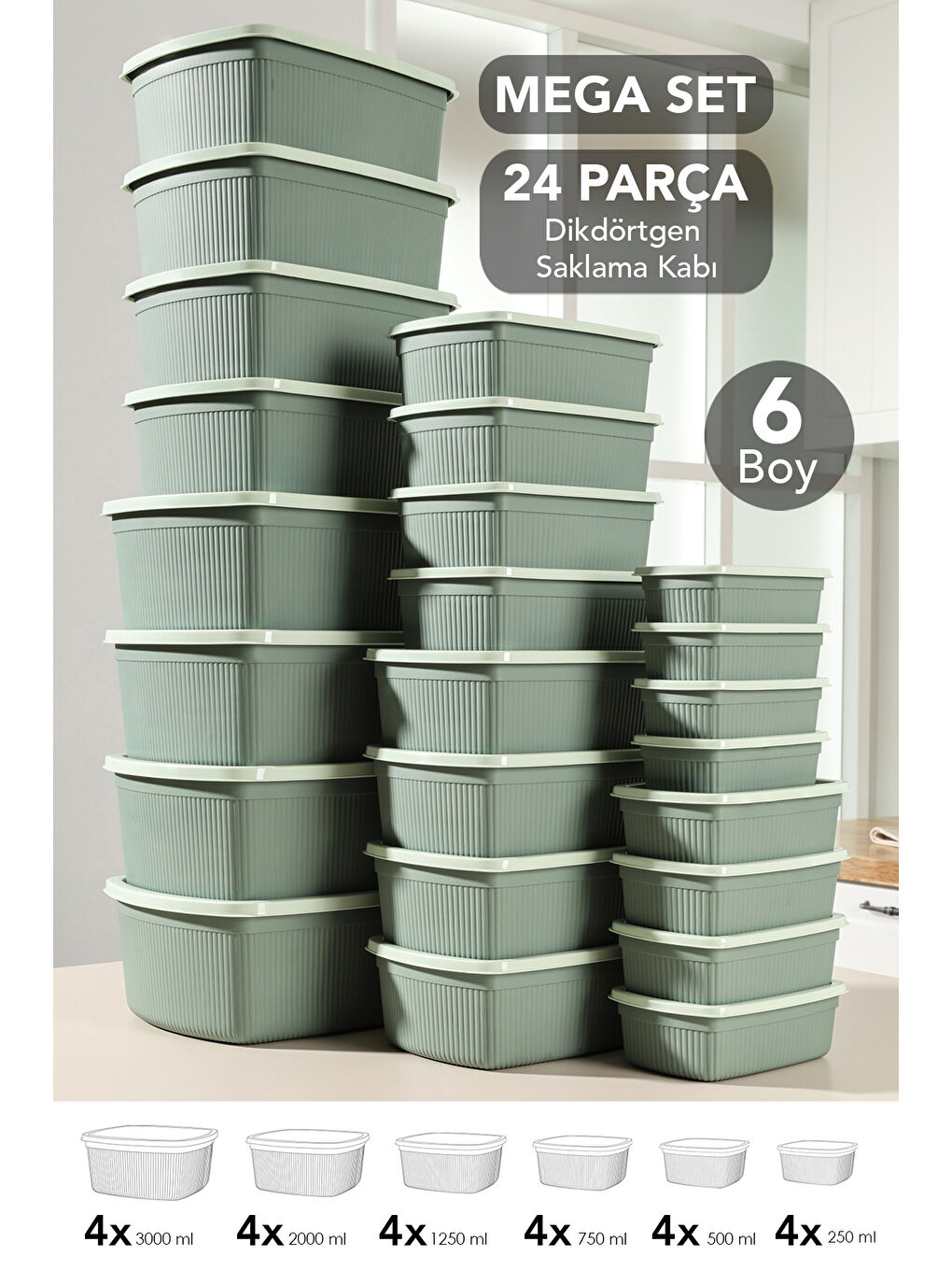 Yeşil 24'lü Çizgili Dikdörtgen Gıda Saklama Kabı Seti