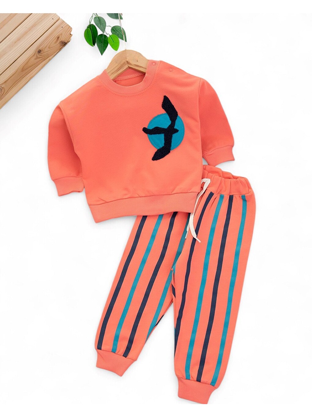 Karışık Erkek Bebek Mevsimlik Martı Nakışlı Sweatshirt, Çizgili Pantalonlu 2'li Alt Üst Takım-1