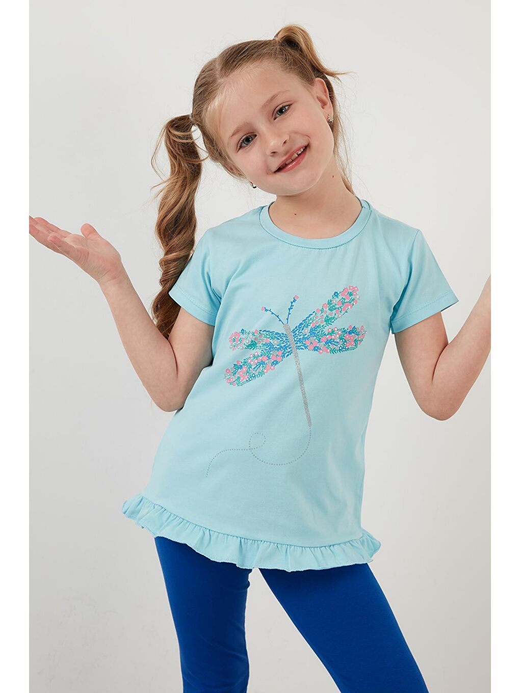 Mavi Pamuklu Baskılı Fırfırlı Bisiklet Yaka T Shirt 6211025-3