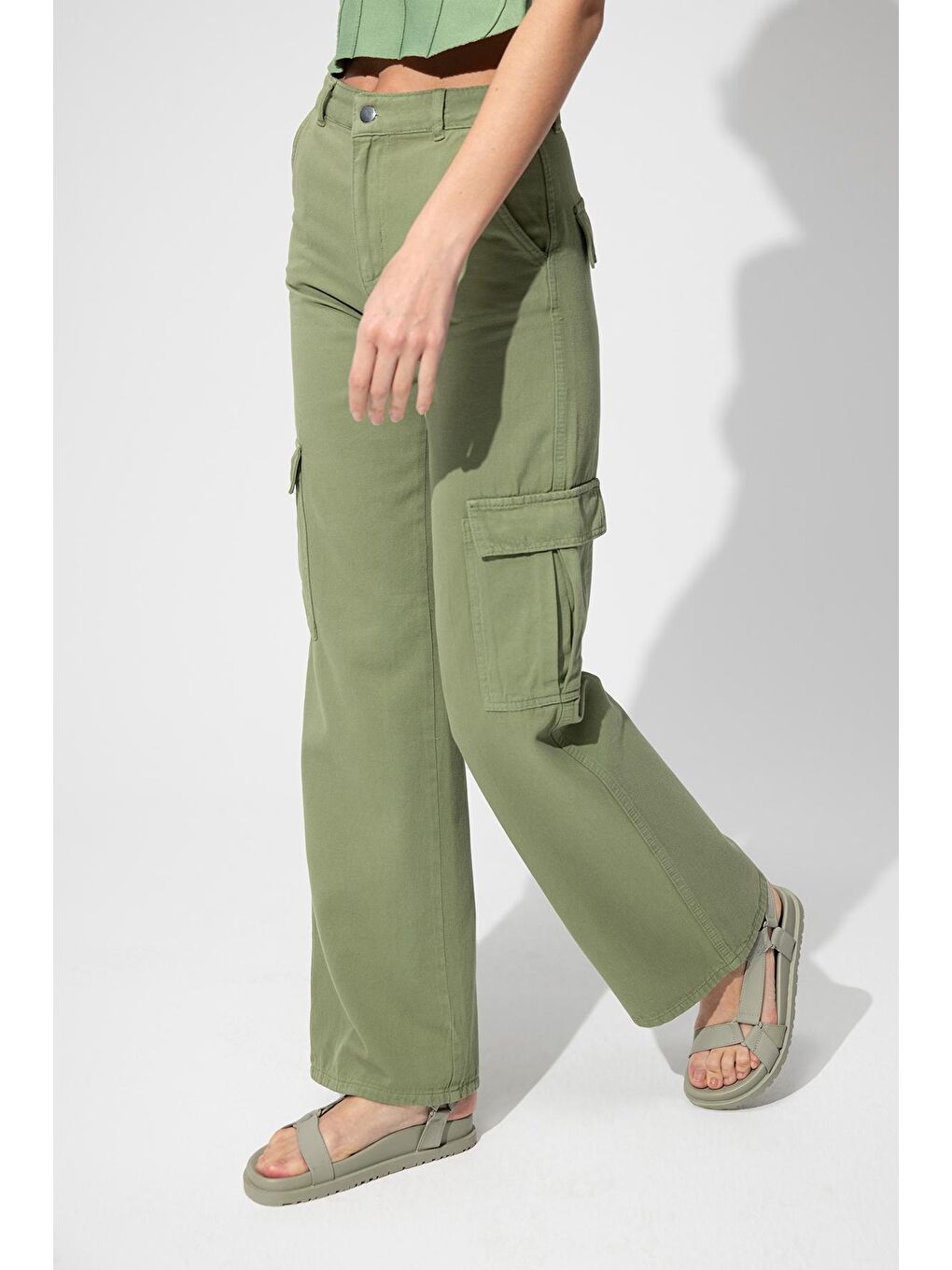 Yeşil Bol Paça Kargo Pantolon-2