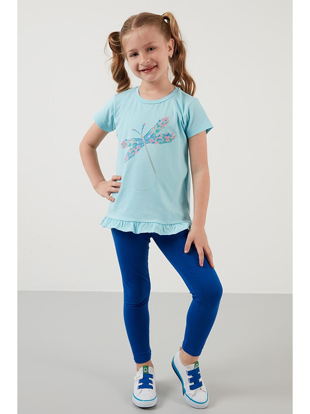 Mavi Pamuklu Baskılı Fırfırlı Bisiklet Yaka T Shirt 6211025-4