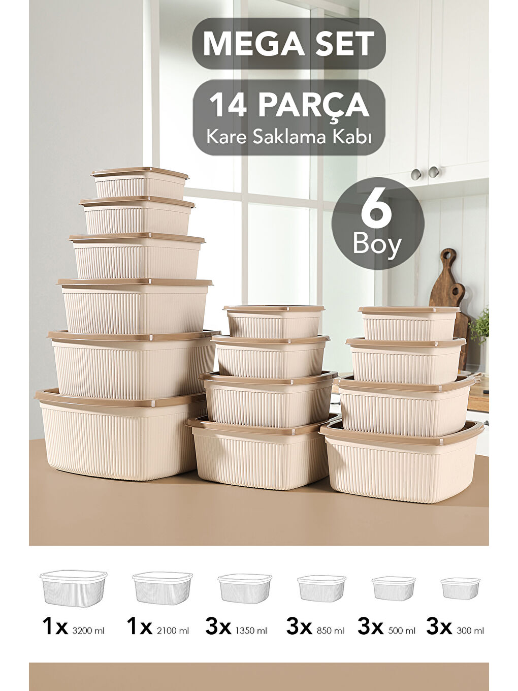 Bej 14'lü Çizgili Kare Erzak Gıda Saklama Kabı Seti