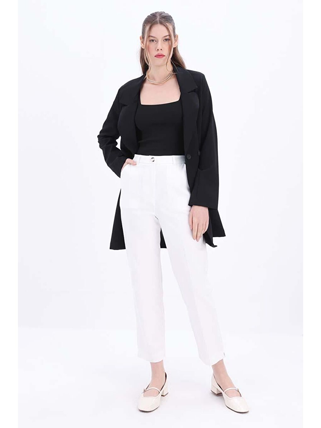 Beyaz-Pamuklu Büyük Beden Kumaş Pantolon