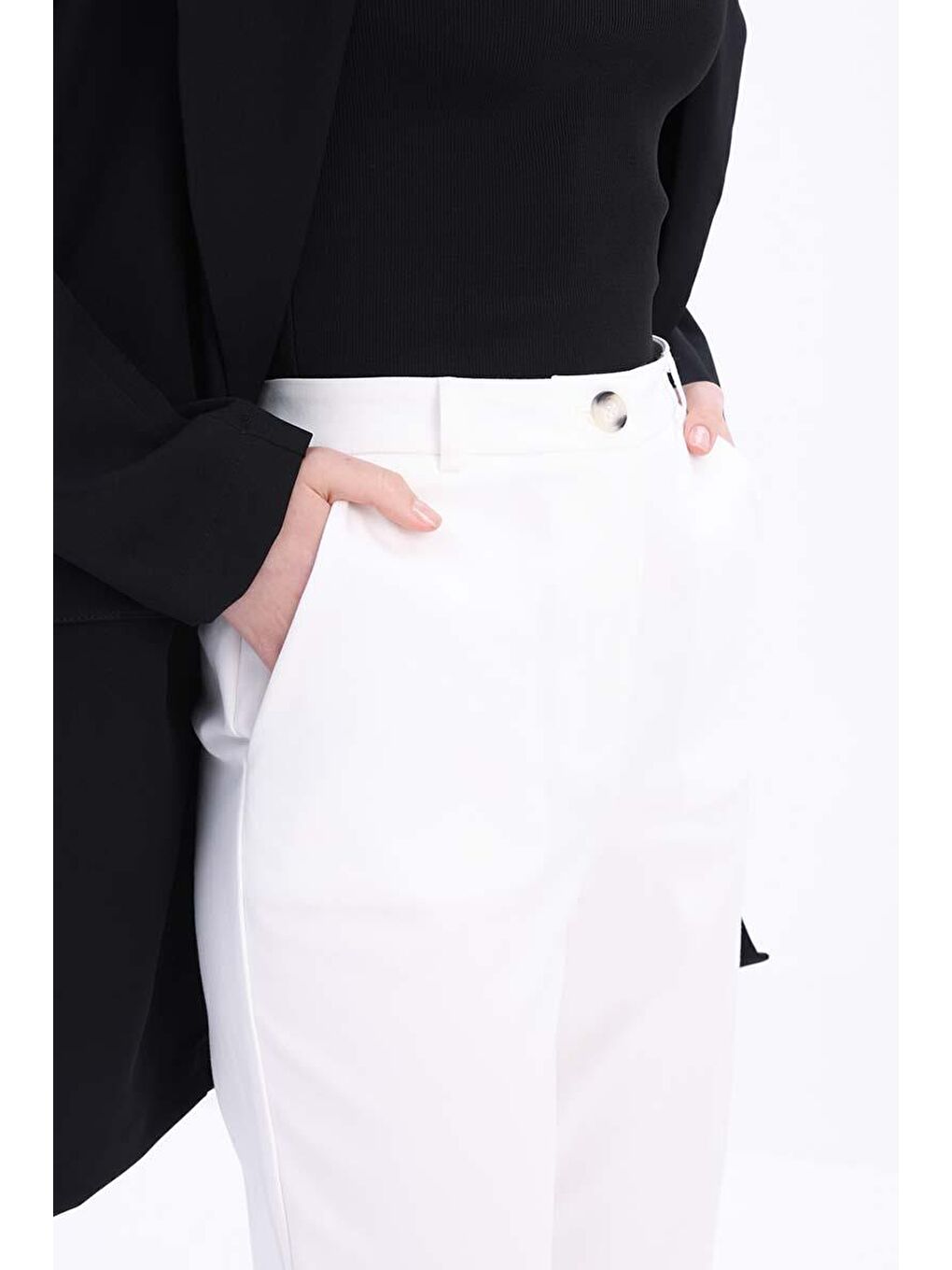 Beyaz-Pamuklu Büyük Beden Kumaş Pantolon-4