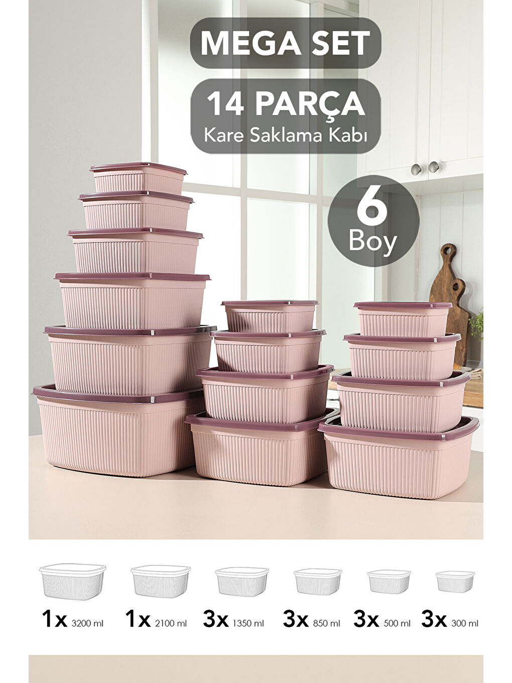 Pembe 14'lü Çizgili Kare Erzak Gıda Saklama Kabı Seti