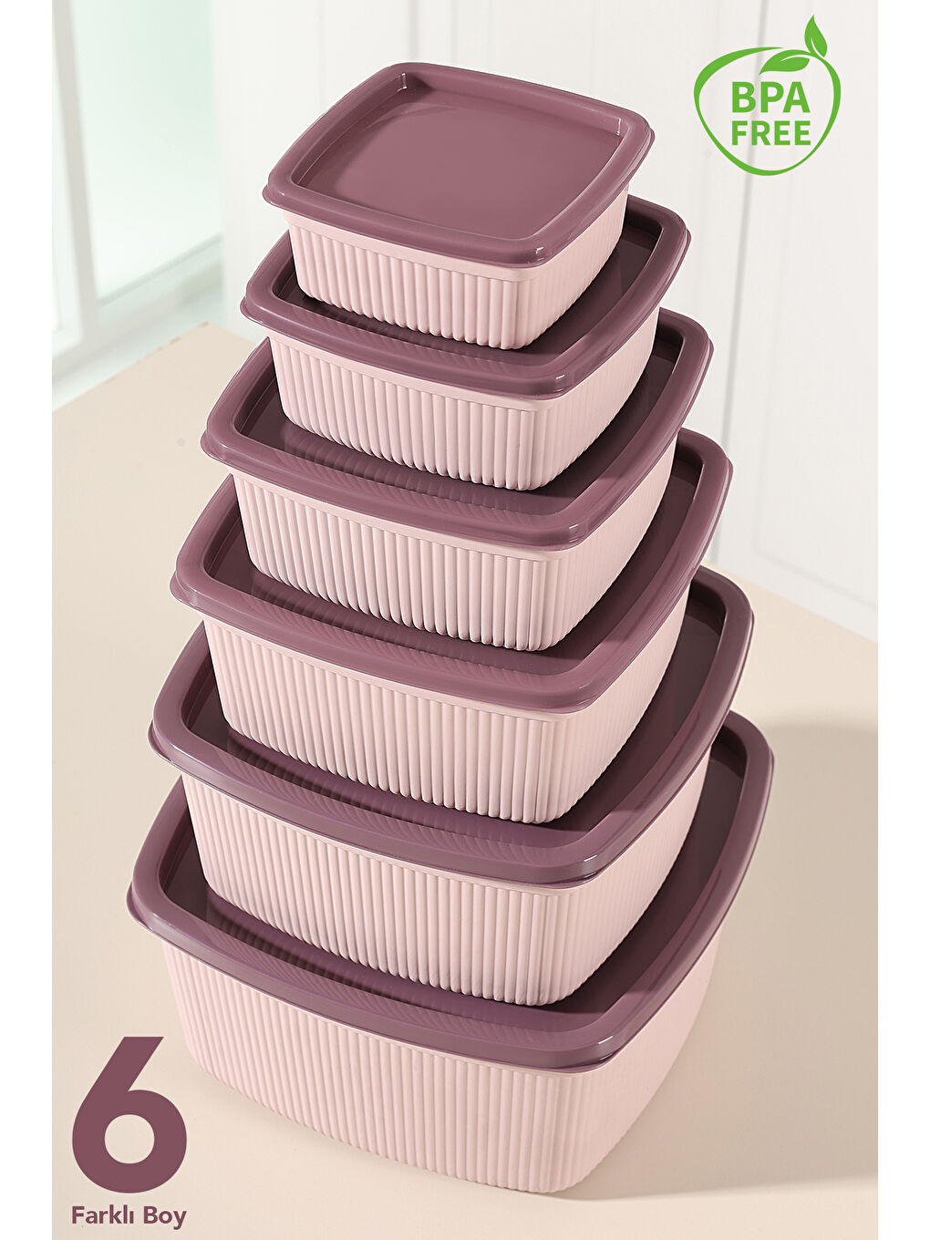 Pembe 14'lü Çizgili Kare Erzak Gıda Saklama Kabı Seti-2