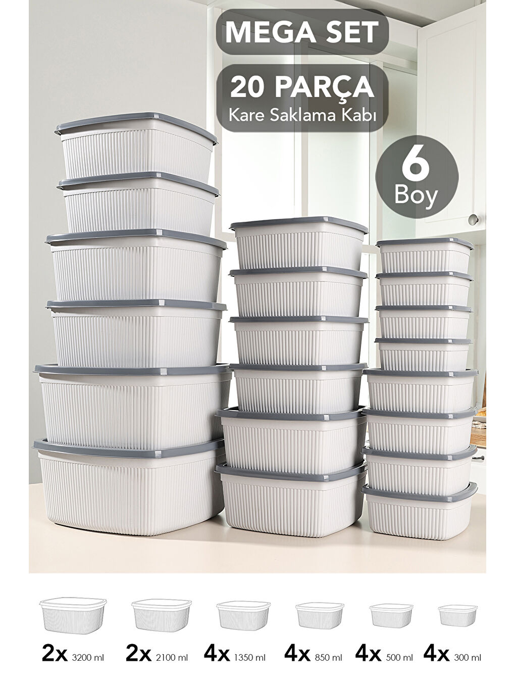Gri 20'li Çizgili Kare Erzak Gıda Saklama Kabı Seti