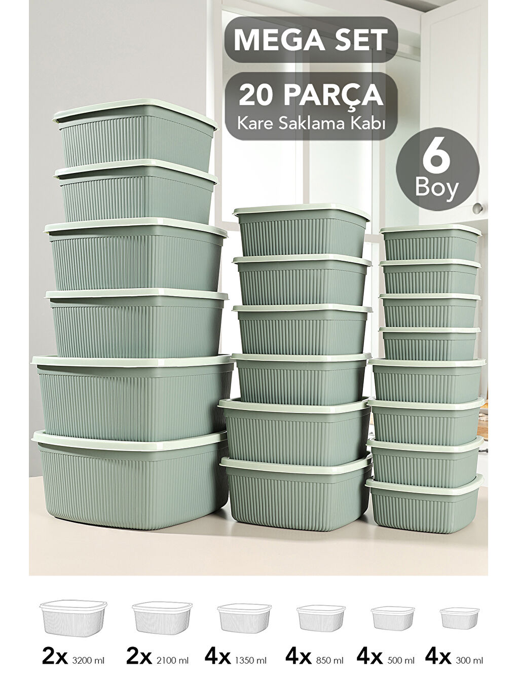 Yeşil 20'li Çizgili Kare Erzak Gıda Saklama Kabı Seti