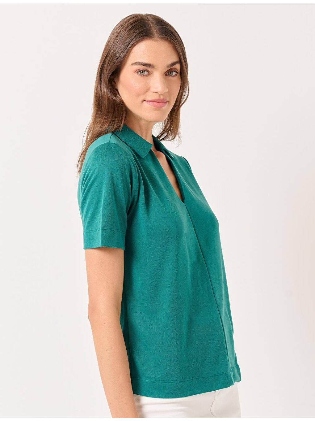 Koyu Yeşil Bol Kesim Kısa Kollu Polo Yaka Örme Tişört-2