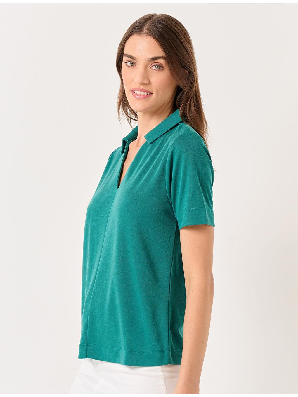 Koyu Yeşil Bol Kesim Kısa Kollu Polo Yaka Örme Tişört-3