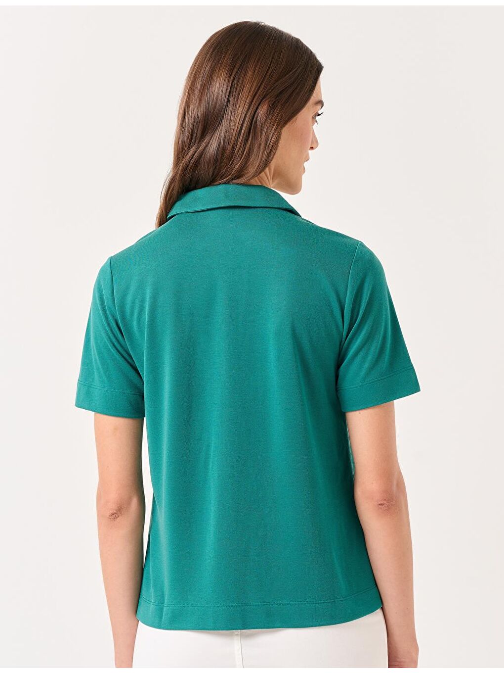 Koyu Yeşil Bol Kesim Kısa Kollu Polo Yaka Örme Tişört-4