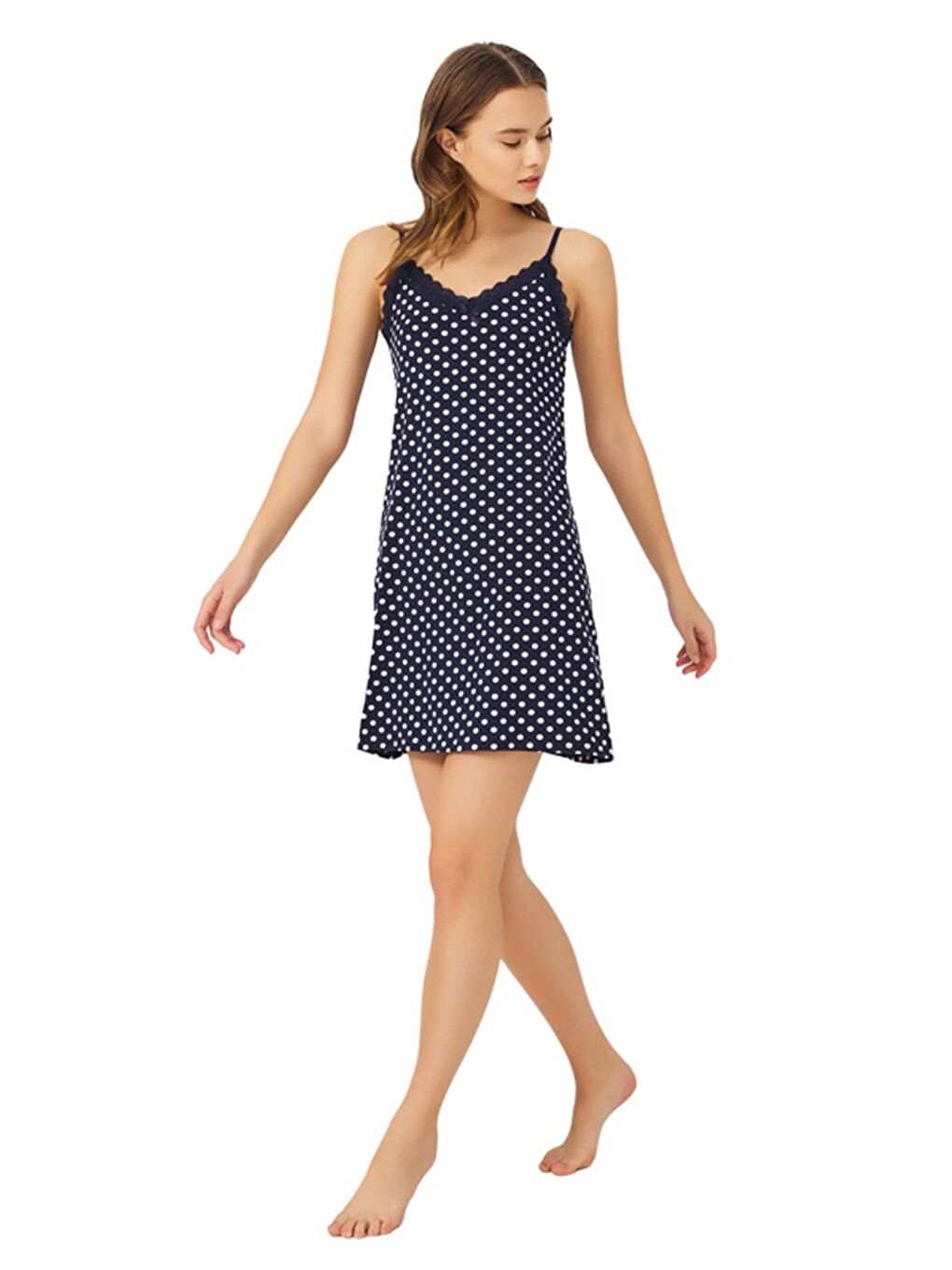 Lacivert Beyaz Puantiyeli İnce Askılı Pamuklu Kadın Gecelik