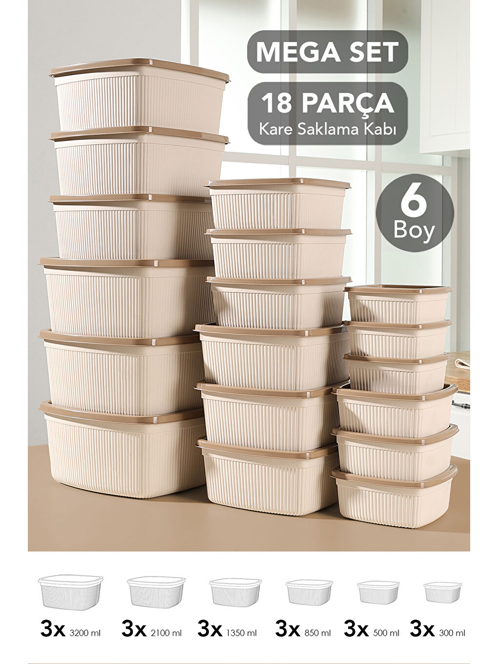 Bej 18'li Çizgili Kare Erzak Gıda Saklama Kabı Seti