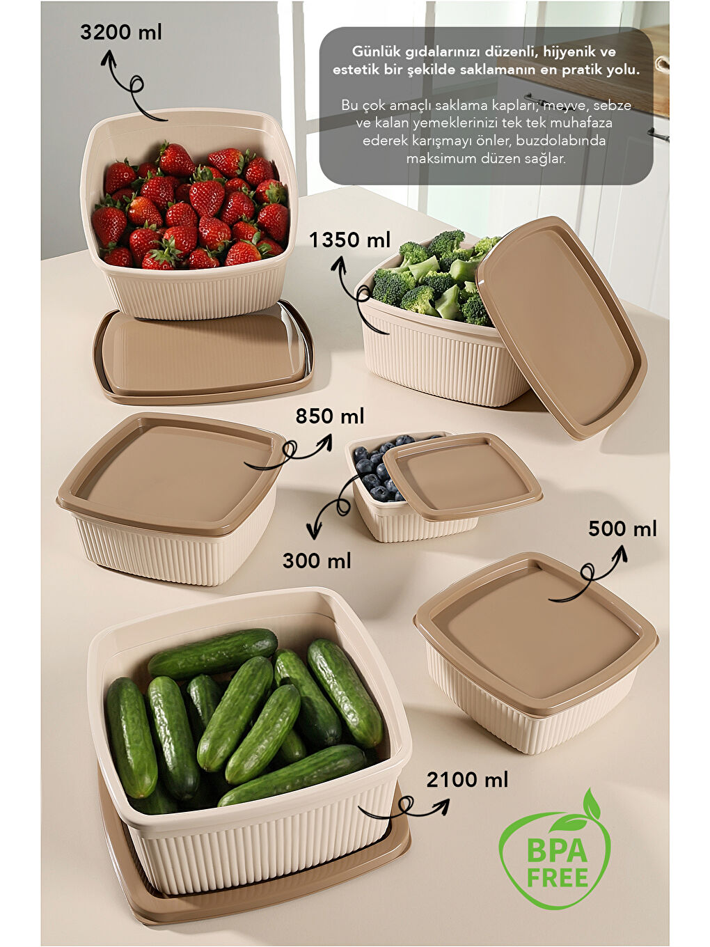 Bej 18'li Çizgili Kare Erzak Gıda Saklama Kabı Seti-1
