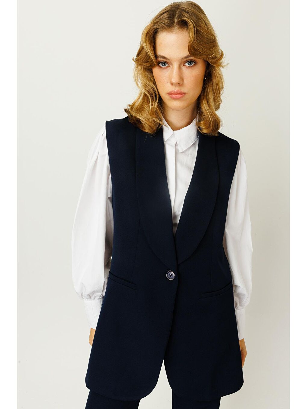 Şal Yaka Yelekli Krep Takım - Lacivert-1