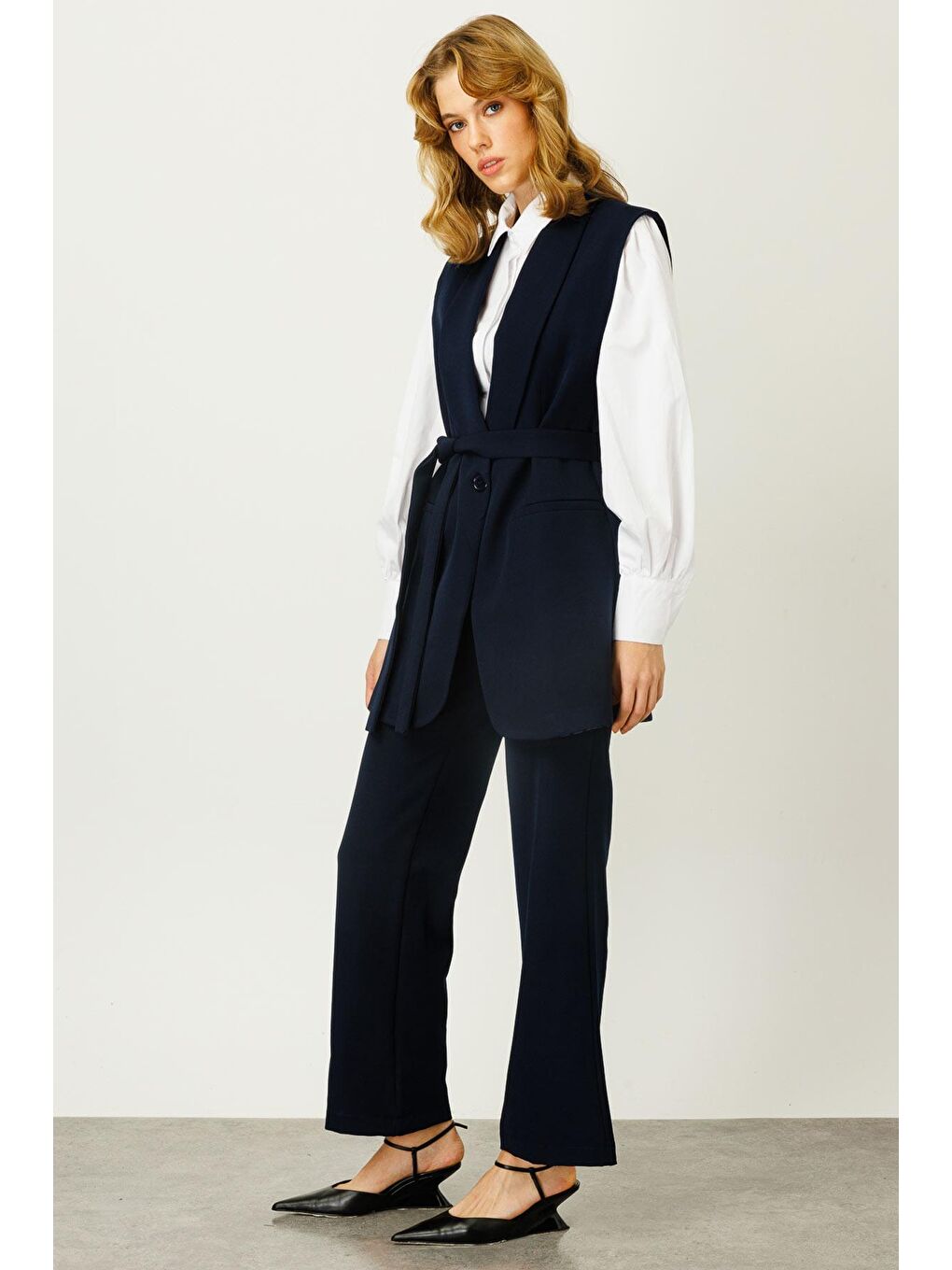 Şal Yaka Yelekli Krep Takım - Lacivert-2