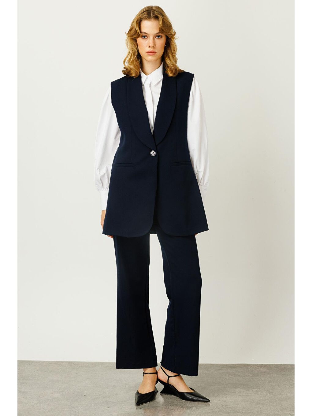 Şal Yaka Yelekli Krep Takım - Lacivert-3