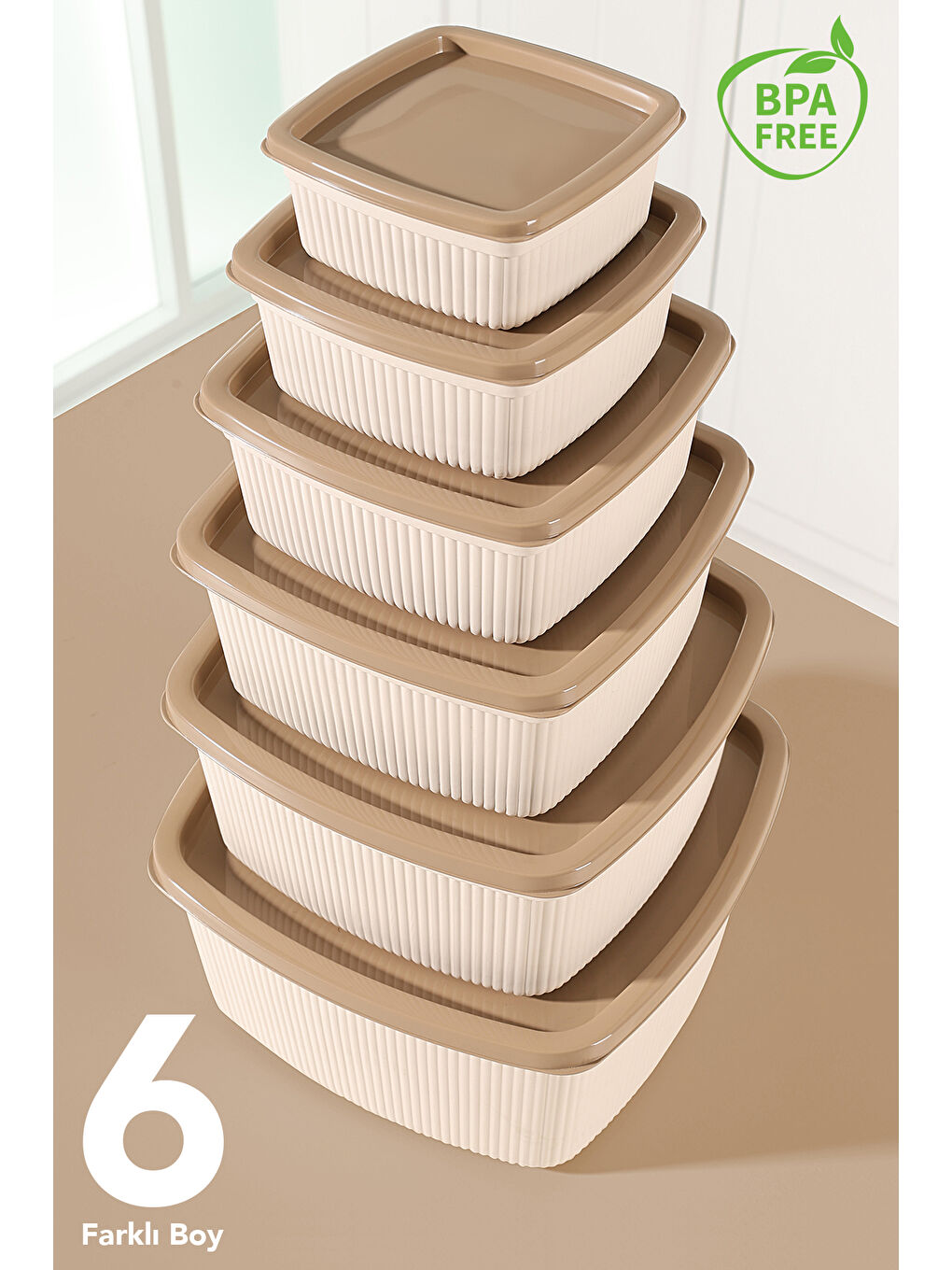 Bej 24'lü Çizgili Kare Erzak Gıda Saklama Kabı Seti-2