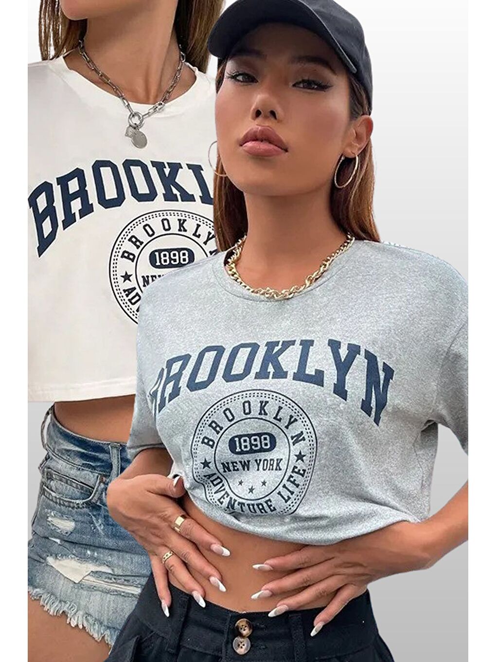 Kadın Oversize Crop T shirt 2li Paket Beyaz   Gri Brooklyn Baskılı