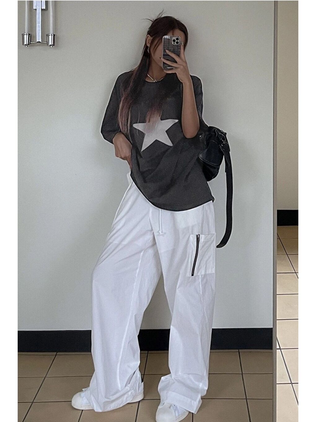 Gri Kadın Antrasit Bisiklet Yaka Yıldız Baskılı Oversize T Shirt-3