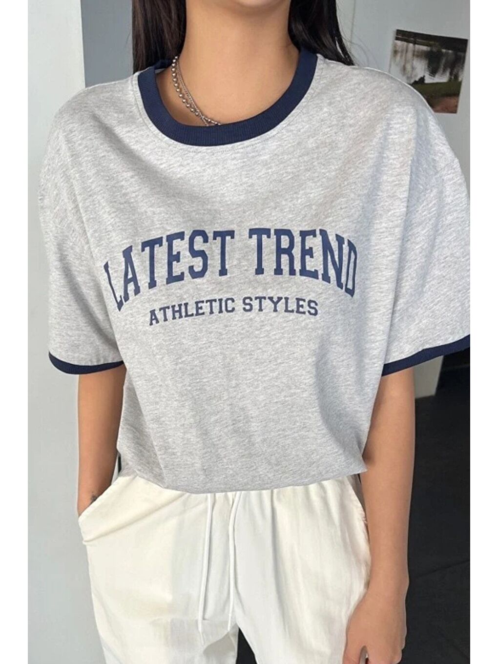 Kadın Gri Yakası Lacivert Latest Trend Baskılı Oversize T shirt