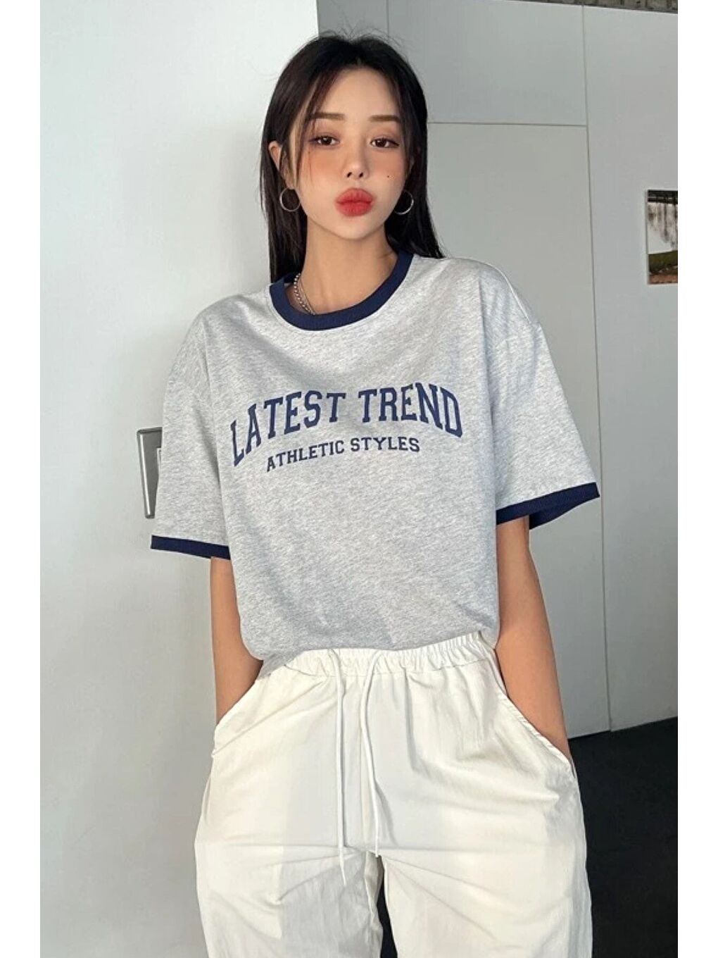 Kadın Gri Yakası Lacivert Latest Trend Baskılı Oversize T shirt-1