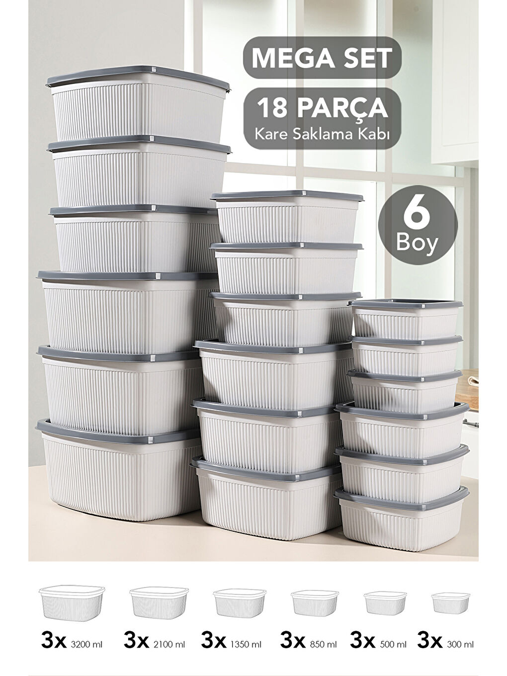 Gri 18'li Çizgili Kare Erzak Gıda Saklama Kabı Seti