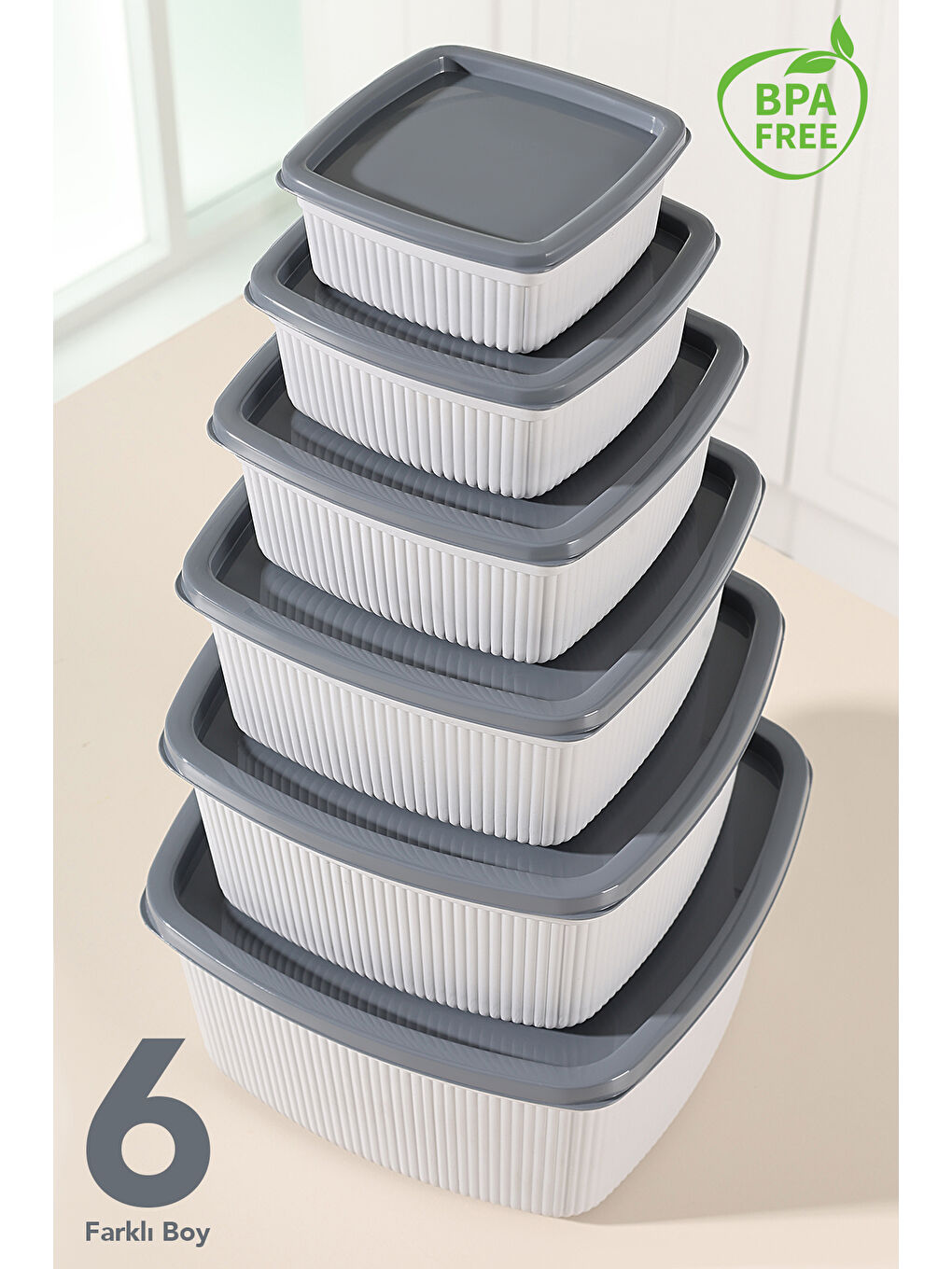 Gri 18'li Çizgili Kare Erzak Gıda Saklama Kabı Seti-2