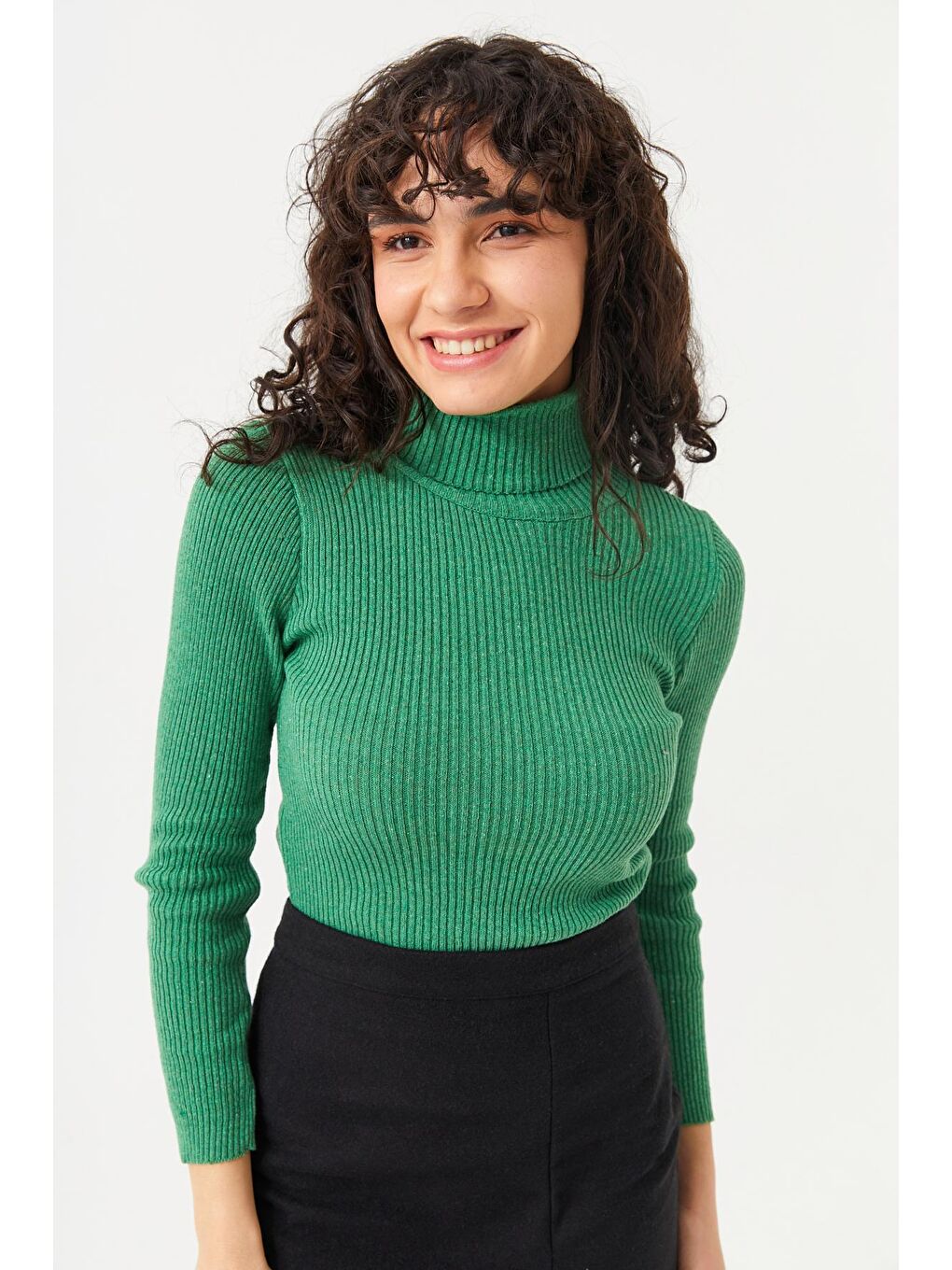 Kadın Yeşil Fitilli Dar Slim Boğazlı Kazak-1