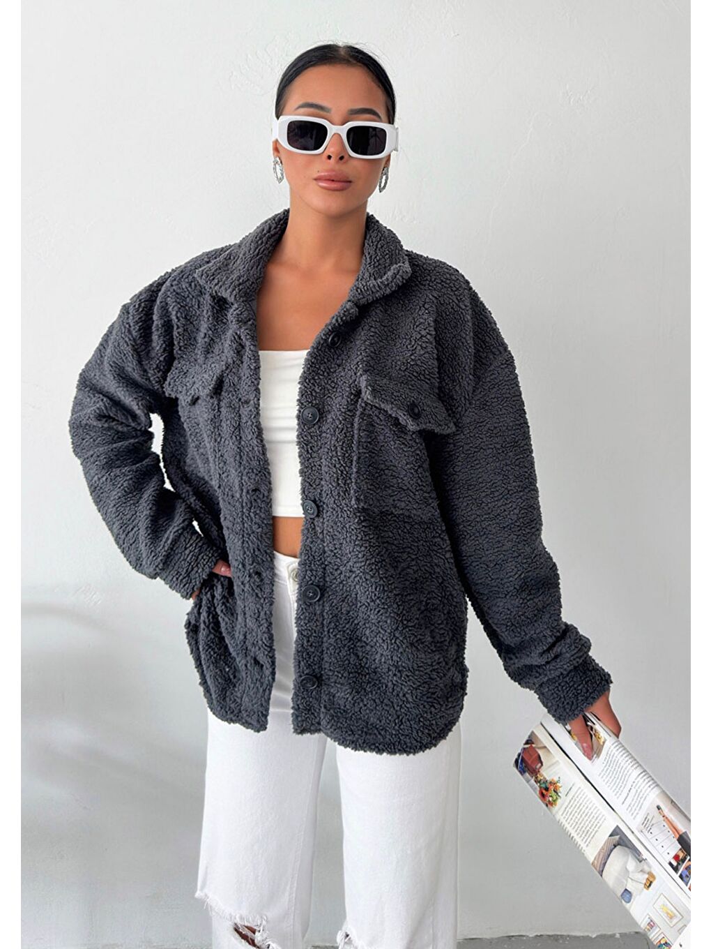 Gri Kadın Füme Düğmeli Tedy Ceket