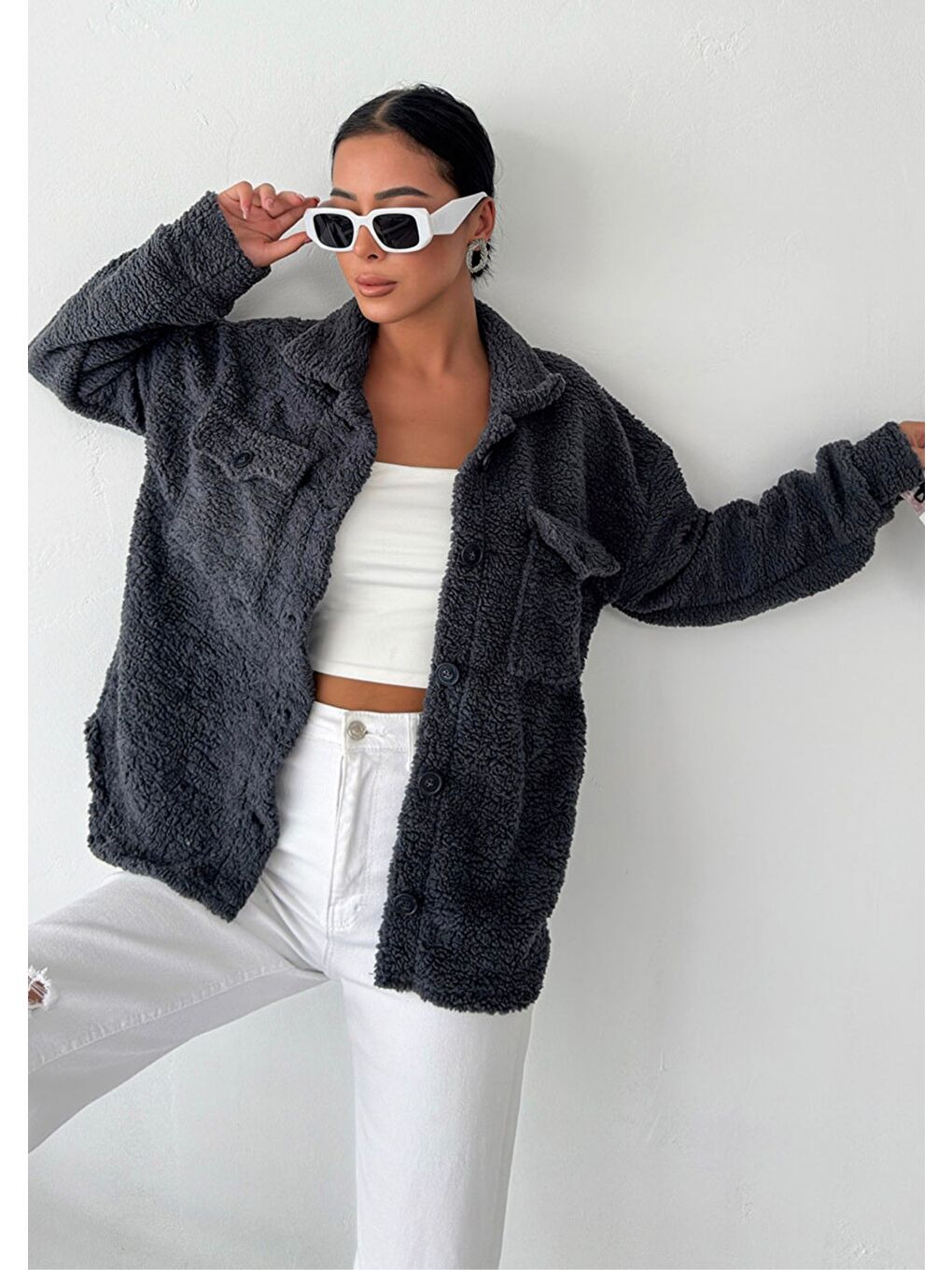 Gri Kadın Füme Düğmeli Tedy Ceket-1