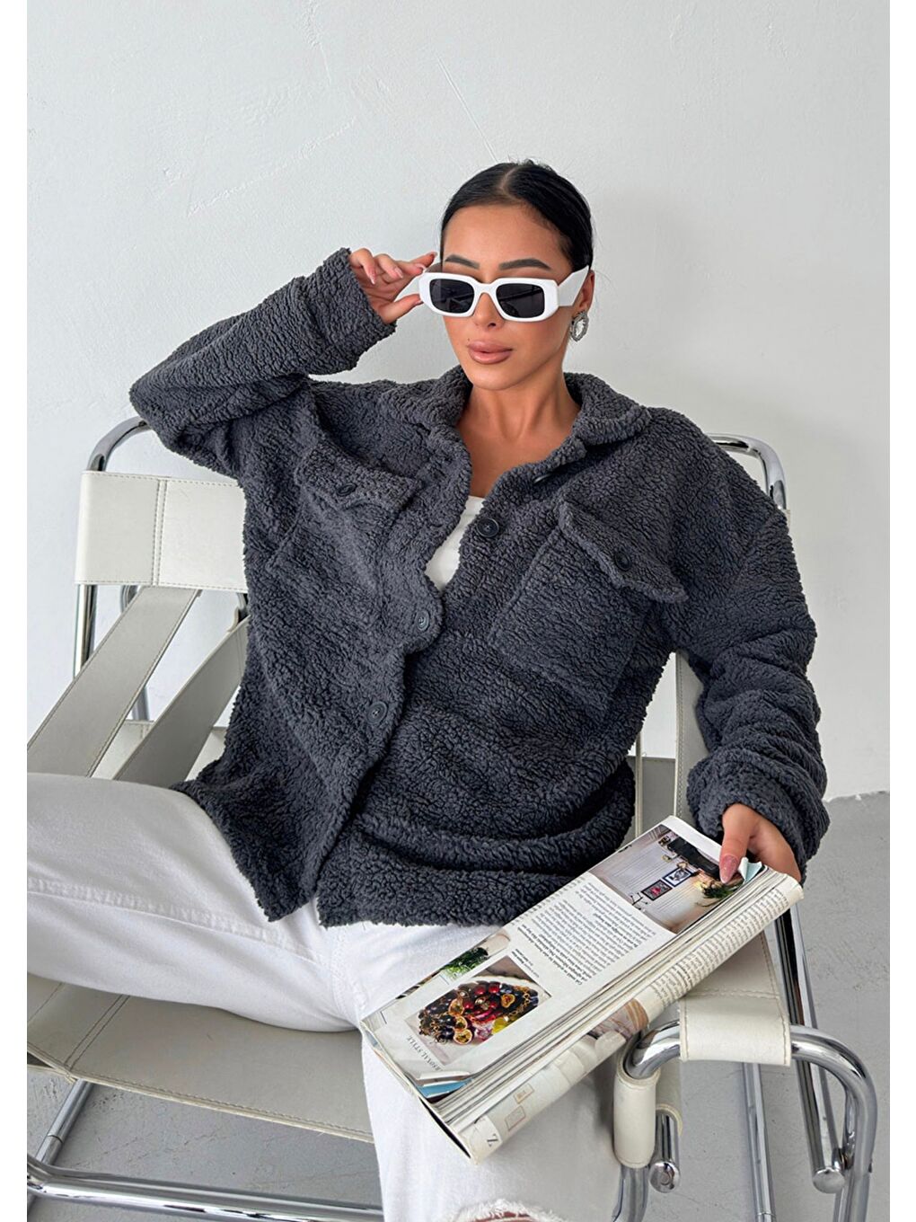 Gri Kadın Füme Düğmeli Tedy Ceket-2