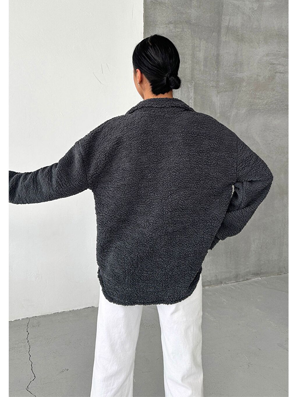 Gri Kadın Füme Düğmeli Tedy Ceket-3