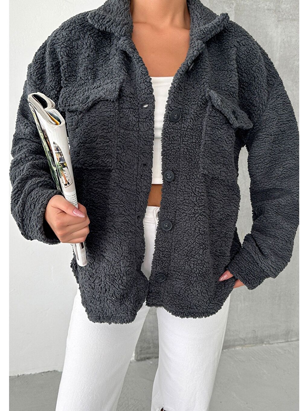 Gri Kadın Füme Düğmeli Tedy Ceket-4