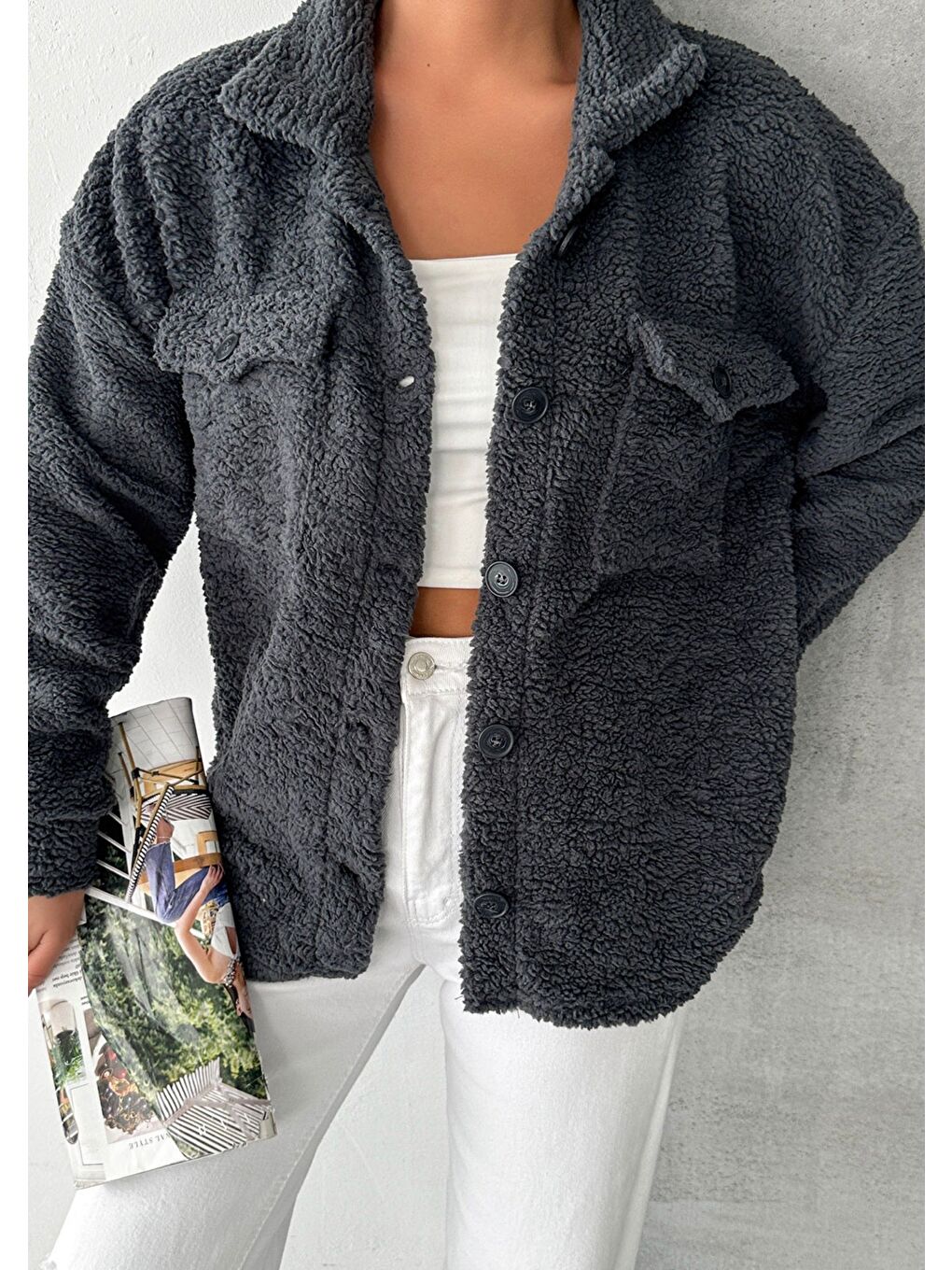 Gri Kadın Füme Düğmeli Tedy Ceket-5