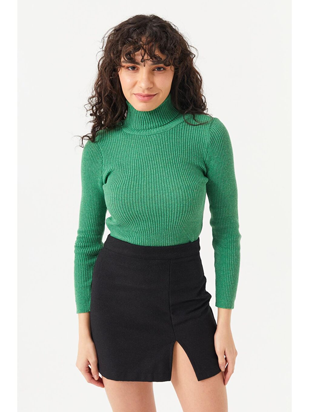 Kadın Yeşil Fitilli Dar Slim Boğazlı Kazak-4