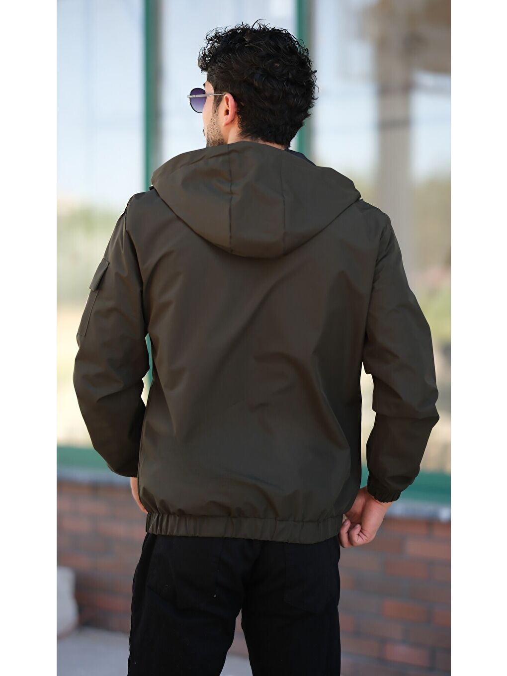 Haki Kol Cepli Baskılı Spor Elastan Kumaş Erkek Yağmurluk Mevsimlik-3