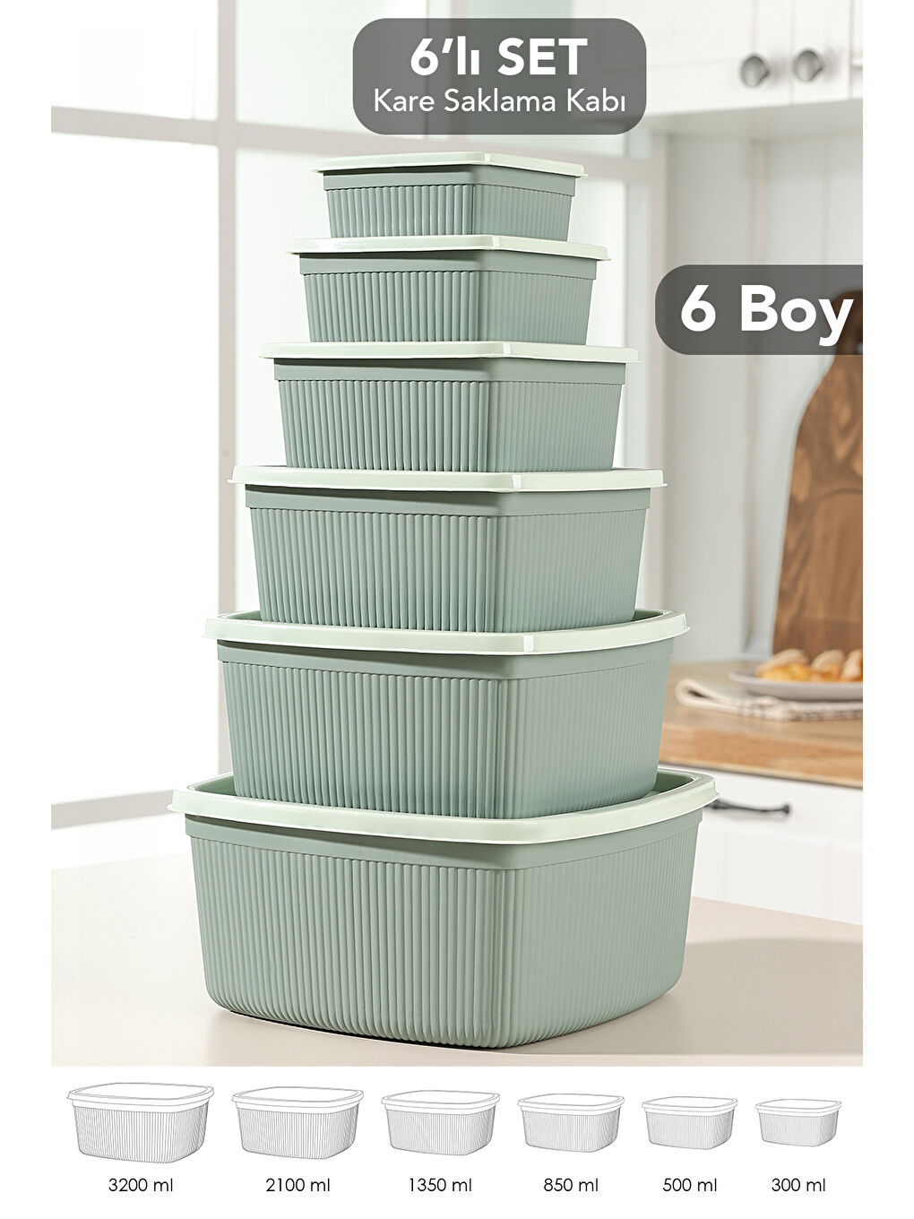 Yeşil 6'lı Çizgili Kare Erzak Gıda Saklama Kabı Seti