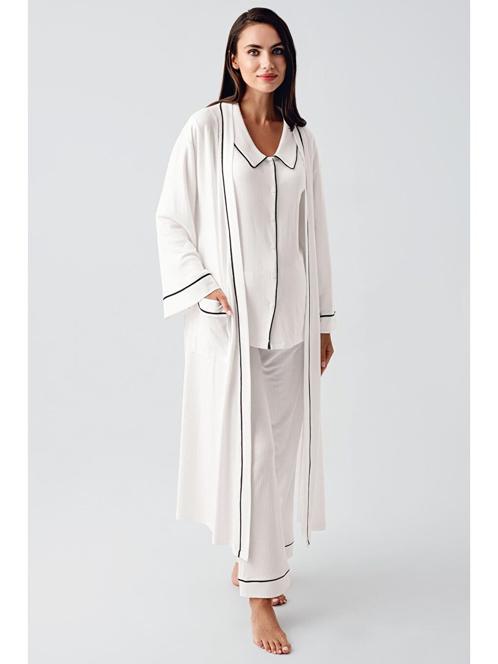 Ekru Bebe Yaka Düğmeli Uzun Kollu Hamile Sabahlık Pijama Takım 23111