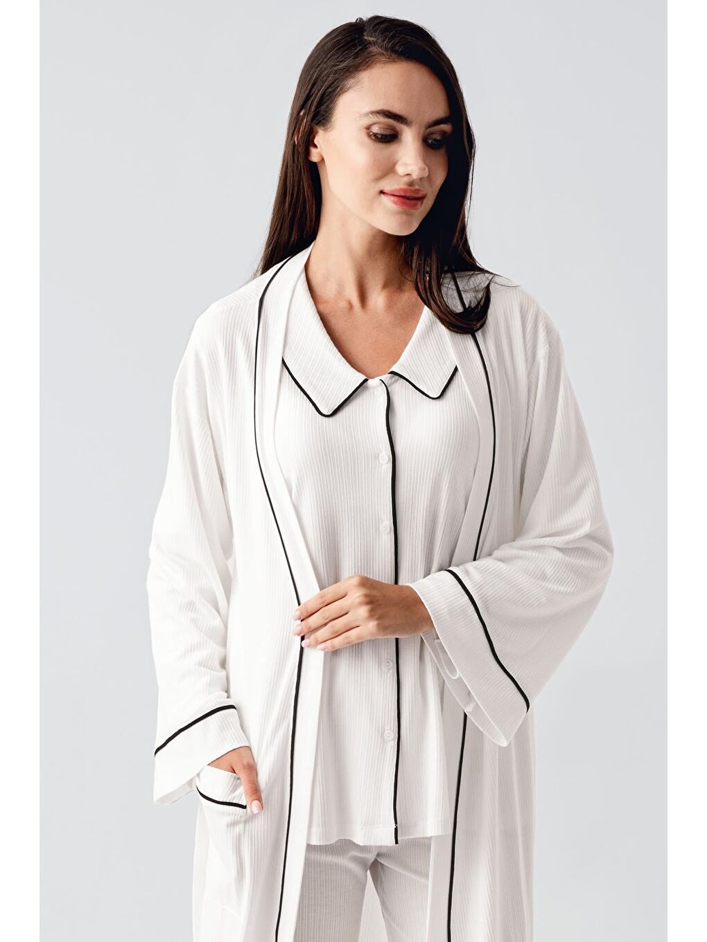 Ekru Bebe Yaka Düğmeli Uzun Kollu Hamile Sabahlık Pijama Takım 23111-1