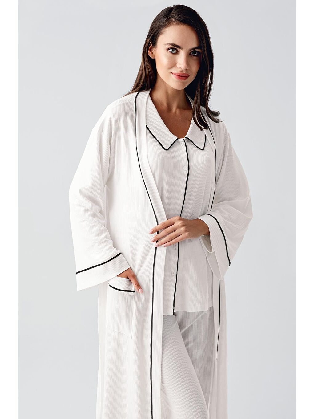 Ekru Bebe Yaka Düğmeli Uzun Kollu Hamile Sabahlık Pijama Takım 23111-3