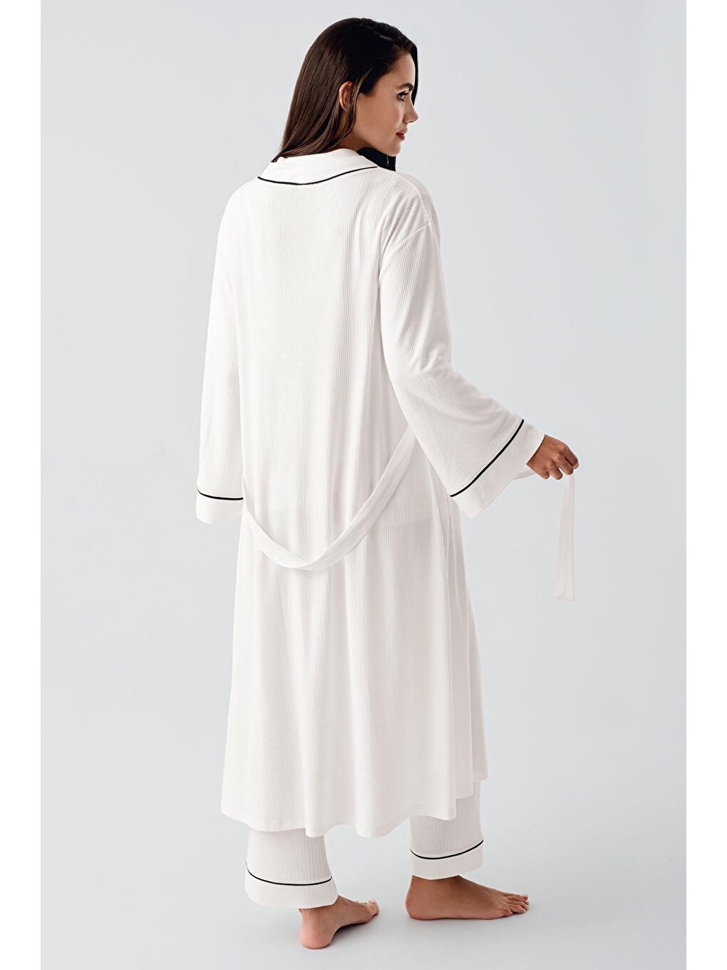 Ekru Bebe Yaka Düğmeli Uzun Kollu Hamile Sabahlık Pijama Takım 23111-4