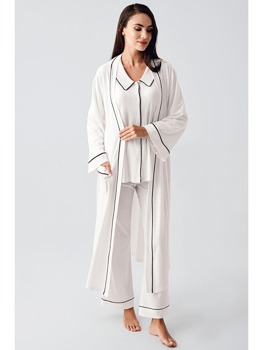 Ekru Bebe Yaka Düğmeli Uzun Kollu Hamile Sabahlık Pijama Takım 23111-5