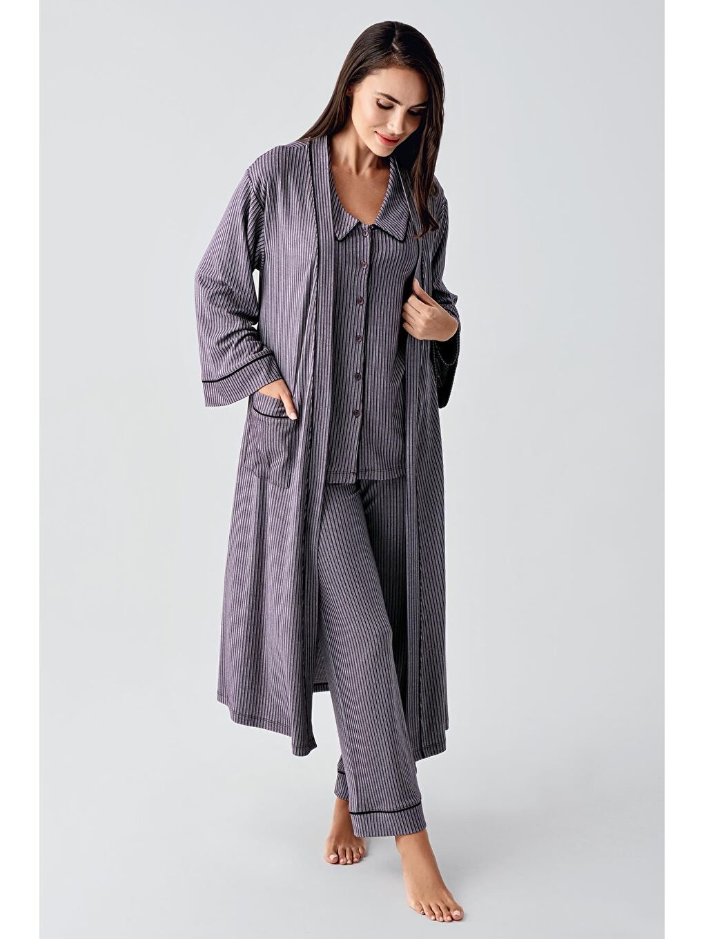 Mor Bebe Yaka Düğmeli Uzun Kollu Hamile Sabahlık Pijama Takım 23111-1