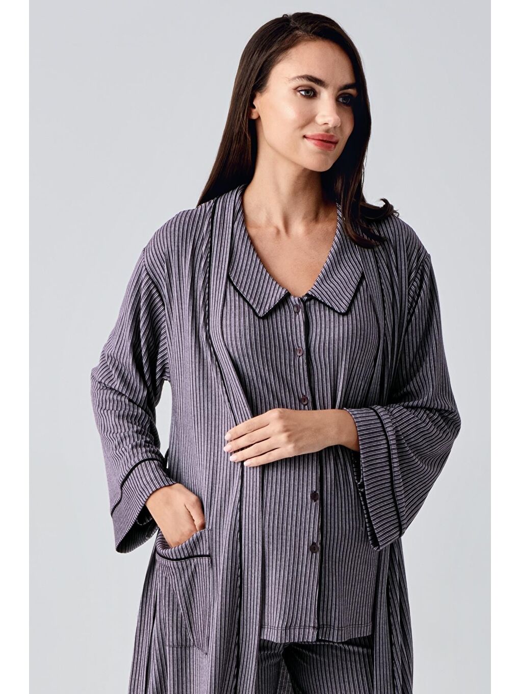 Mor Bebe Yaka Düğmeli Uzun Kollu Hamile Sabahlık Pijama Takım 23111-2