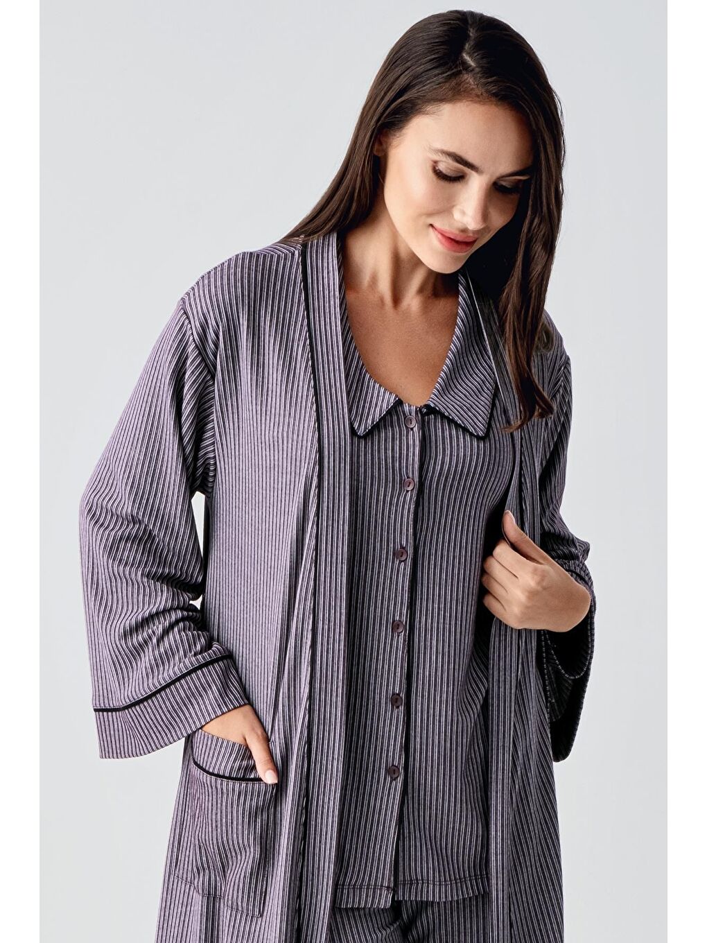 Mor Bebe Yaka Düğmeli Uzun Kollu Hamile Sabahlık Pijama Takım 23111-3