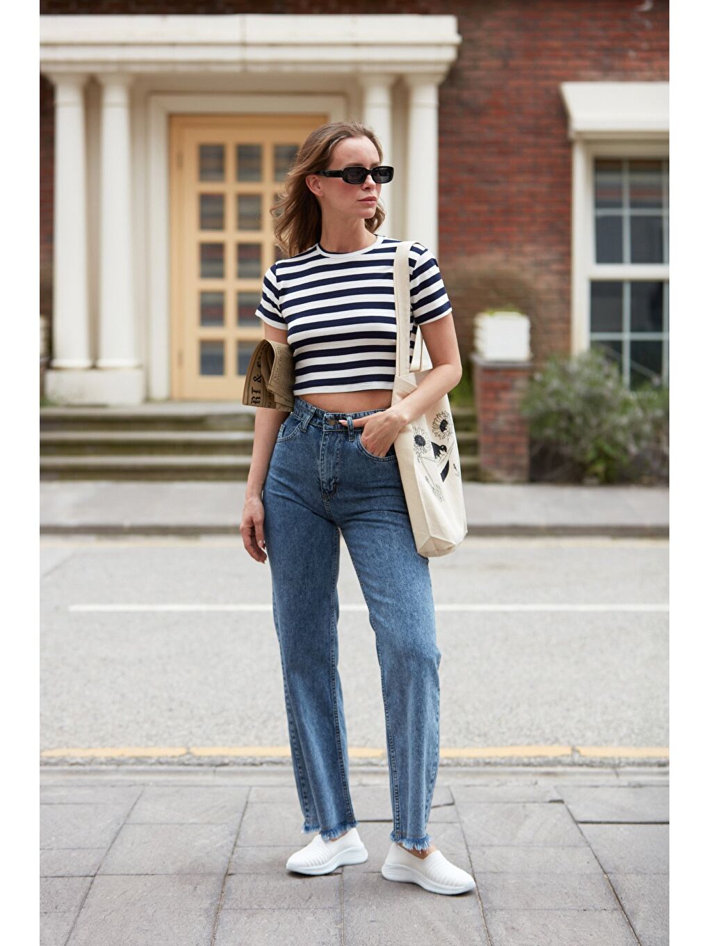 Mavi Yüksek Bel Paçası Püsküllü Palazzo Jean